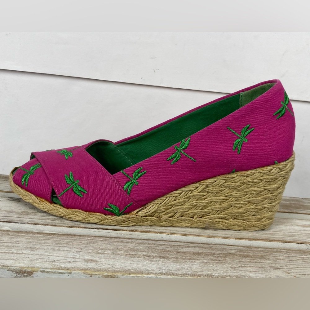 Lauren Ralph Lauren Cecelia peep-toe wedge espadrille embroidered dragonflies 7B